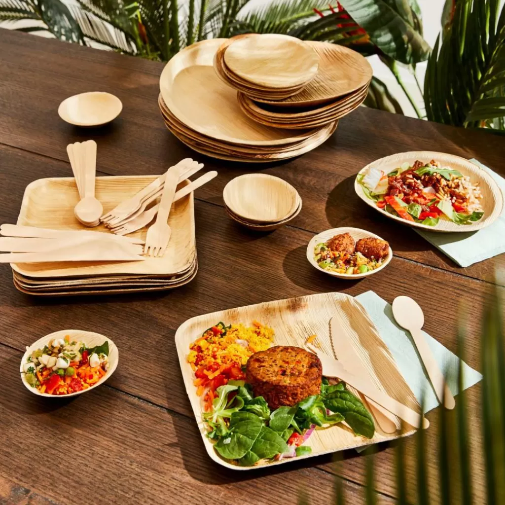 Juego de 6 platos ecológicos fabricados con hojas de areca - Diseño rústico y 100% biodegradable