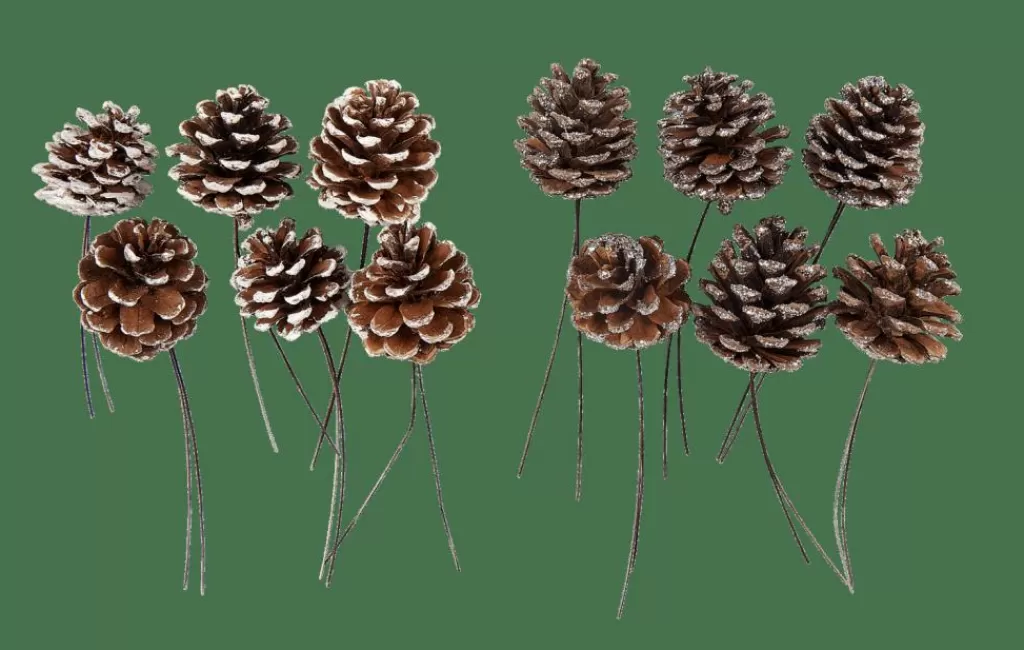 Juego Decorativo de Piñas Invierno - 6 Unidades en Blanco Brillante y Plateado Clásico para Ambientación Otoñal | Estilo Rústico con Acabado Dual