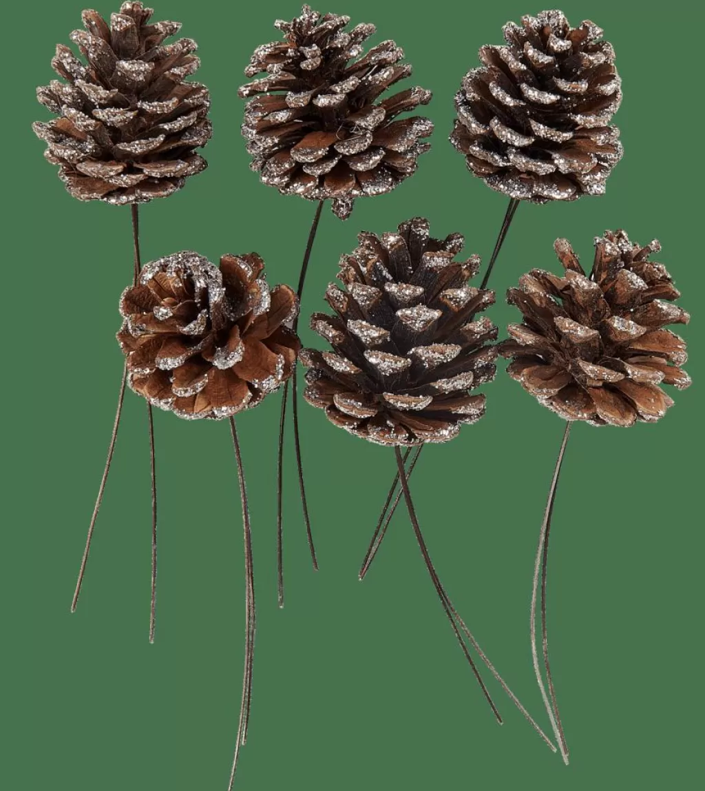 Juego Decorativo de Piñas Invierno - 6 Unidades en Blanco Brillante y Plateado Clásico para Ambientación Otoñal | Estilo Rústico con Acabado Dual