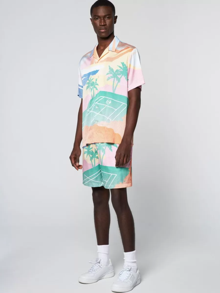 Camisa casual Sergio Tacchini para verano - Verde menta con estampado tropical, conjunto coordinado