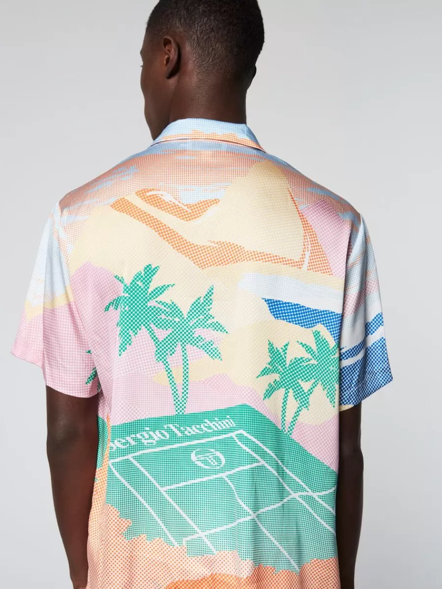 Camisa casual Sergio Tacchini para verano - Verde menta con estampado tropical, conjunto coordinado